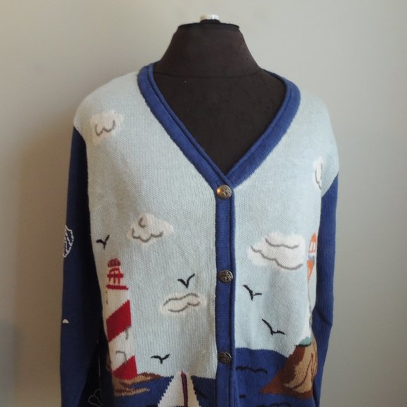 Vintage Quacker Factory Sz M Cardigan Button Down Sweater Lighthouse 90s - Picture 2 of 4